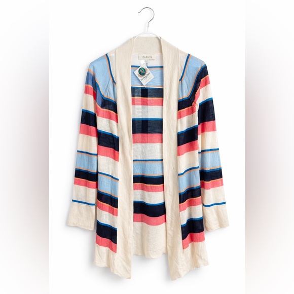 NWT LOFT Linen Blend Striped Open Front Cardigan | Lightweight Layering Top - Picture 2 of 4